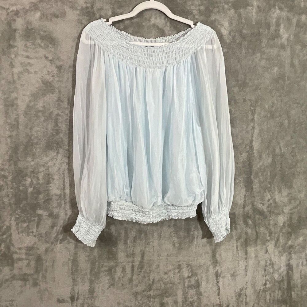 Sofia Made in Italy 50% silk Blouse top Woman's oversized bubble smocked hem S/M